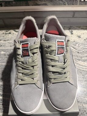 Puma x Staple Gray Suede Sneakers with Olive Laces and Pink Insole